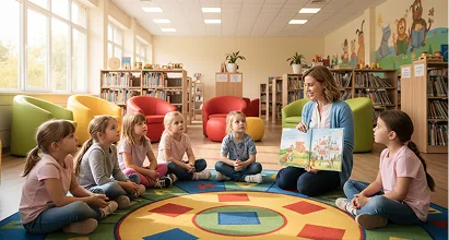 Teacher reading a picture book aloud to children seated on a library rug
